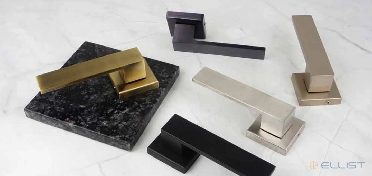 ELLIST mortise handle model MH 402 photographed across finishes