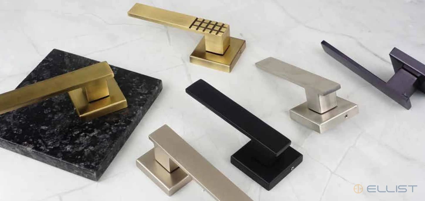 ELLIST mortise handle model MH 405 photographed across finishes