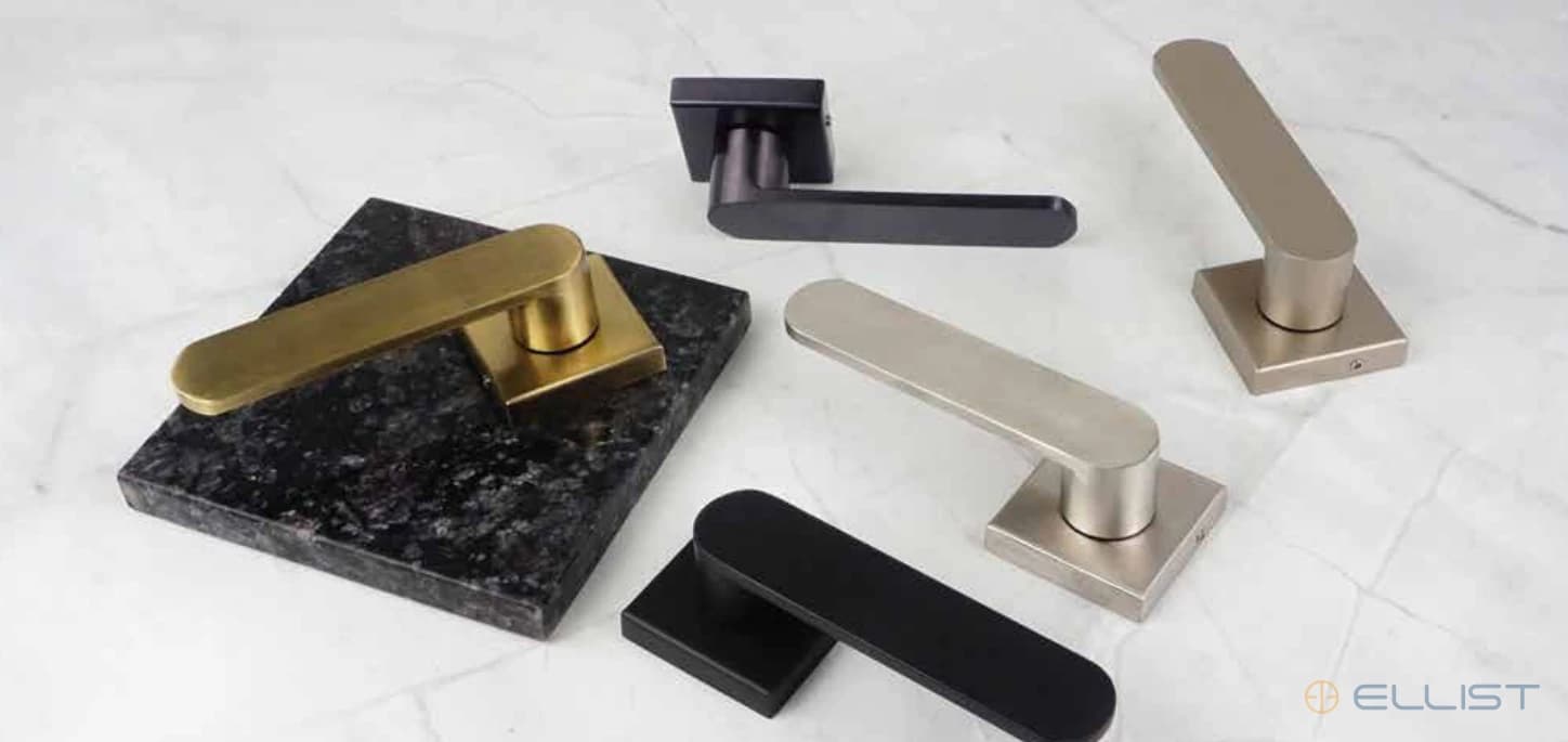 ELLIST mortise handle model MH 406 photographed across finishes